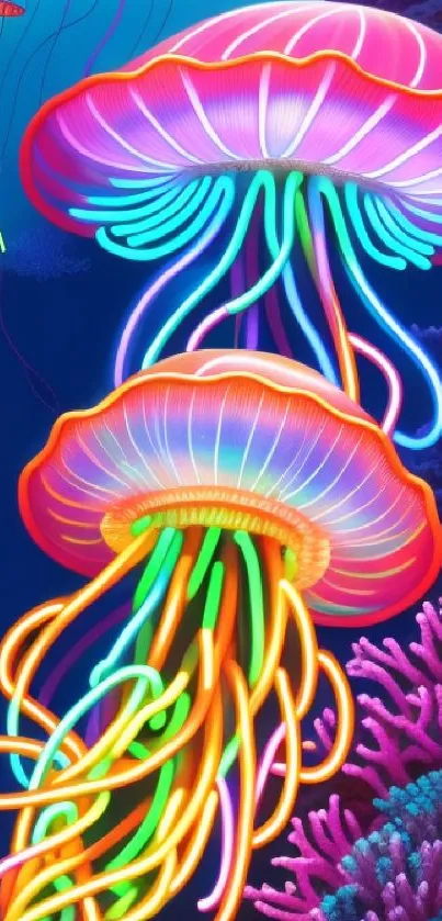 Neon pink jellyfish with vibrant tentacles underwater.