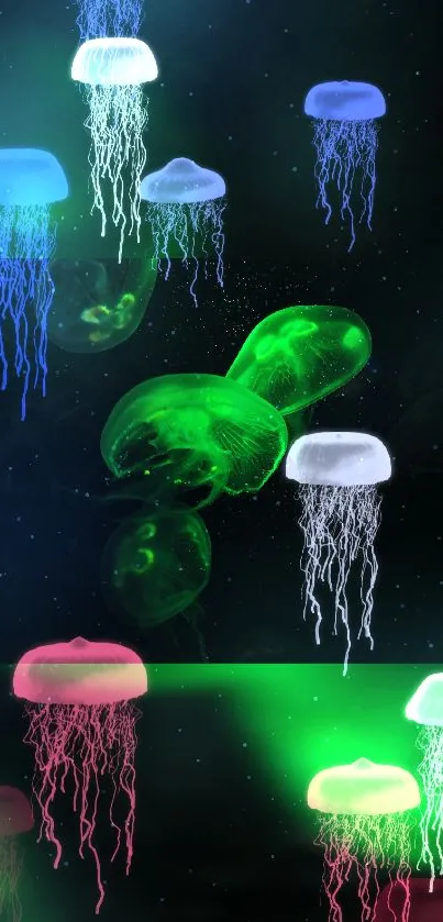 Vibrant jellyfish in neon colors on a black phone wallpaper background.