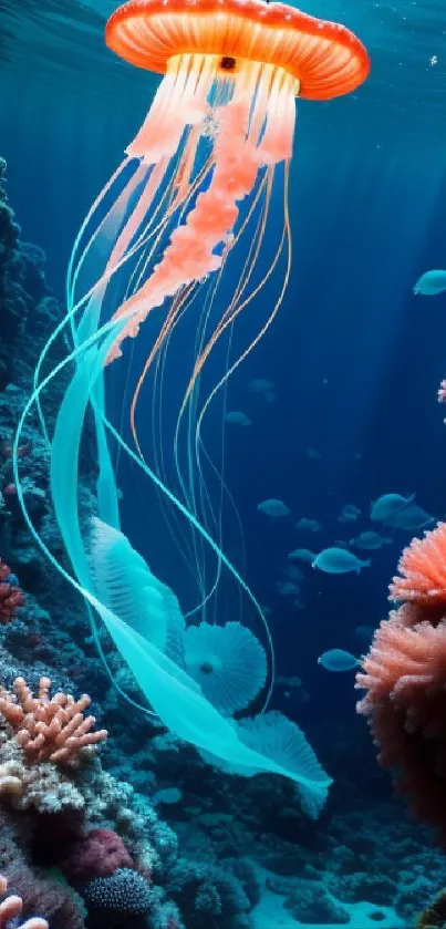 Jellyfish floating above a colorful coral reef in vibrant blue waters.