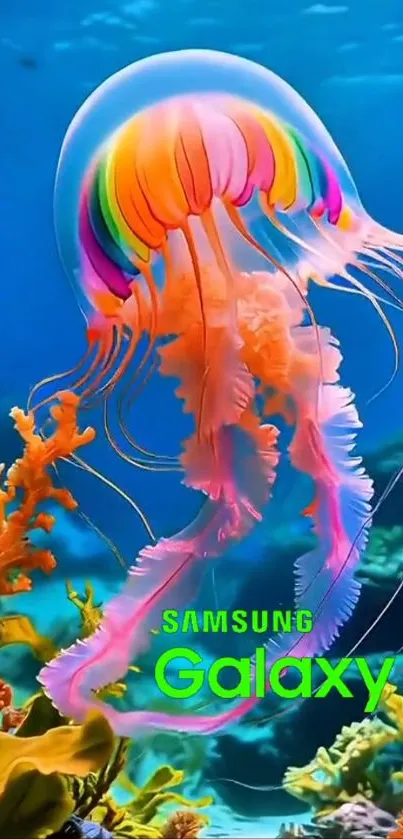 Vibrant jellyfish in blue ocean wallpaper with Samsung Galaxy logo.