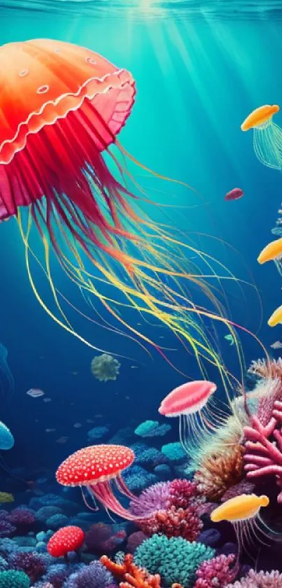 Vibrant underwater wallpaper with jellyfish and coral.