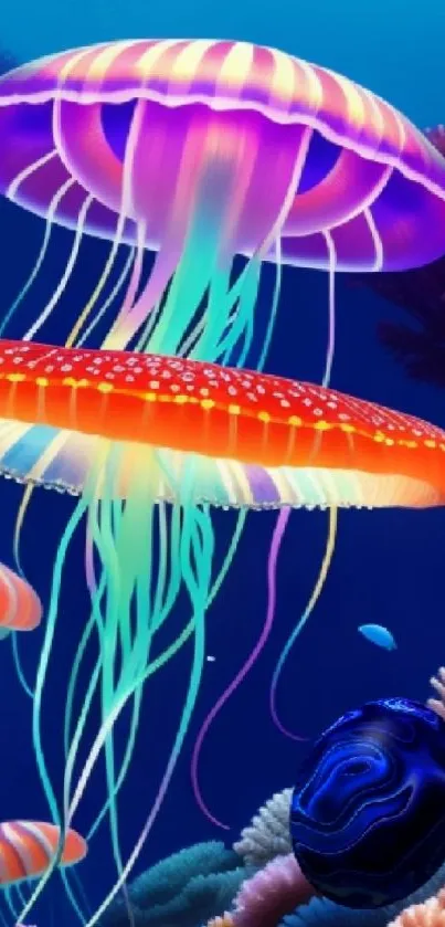 Vibrant jellyfish in colorful underwater scene.