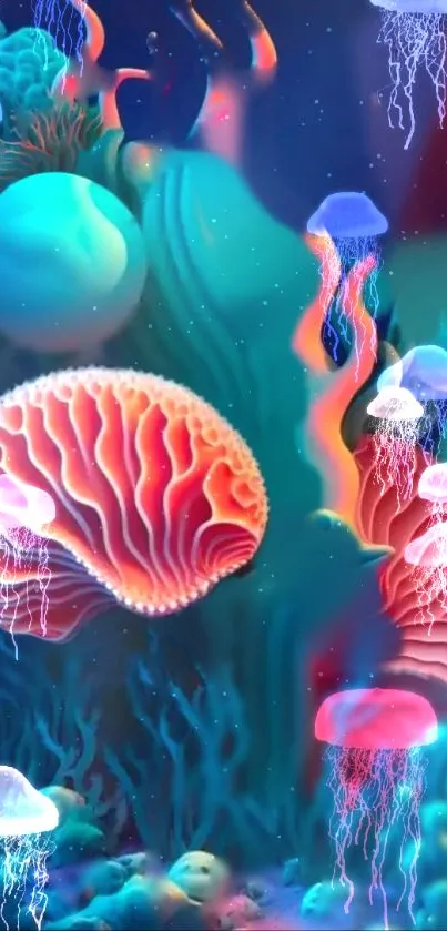 Vibrantly colored jellyfish swim in an abstract underwater scene, showcasing marine fantasy.