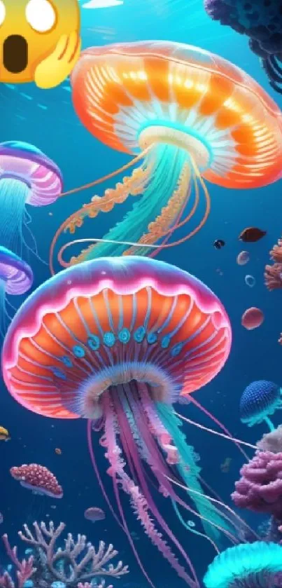 Jellyfish glide through a colorful coral reef under teal blue ocean waters.