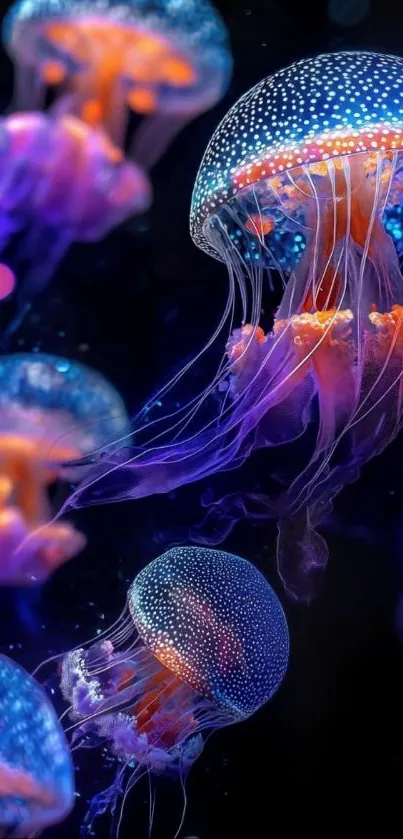 Vibrant jellyfish with glowing tentacles in dark ocean scene.