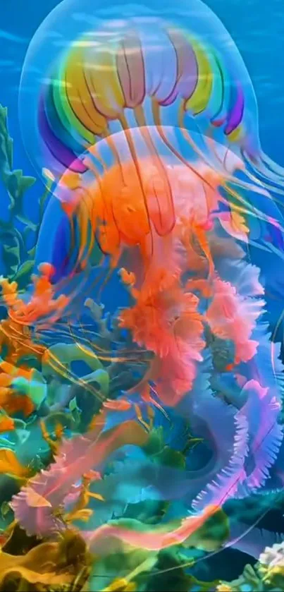 Colorful jellyfish swimming over coral in vibrant ocean scene.