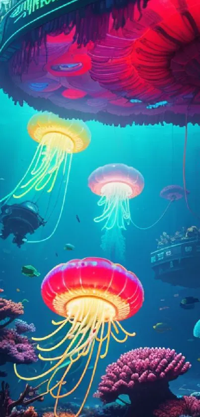 Vibrant underwater scene with glowing jellyfish and coral reefs.