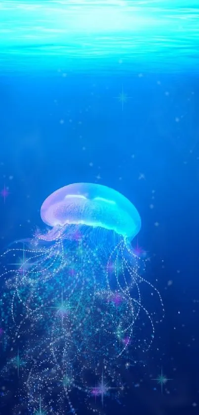 Vibrant underwater wallpaper with a glowing jellyfish.