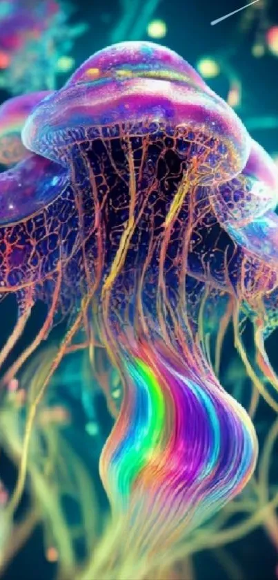 Vibrant digital illustration of jellyfish with luminescent colors against a dark background.