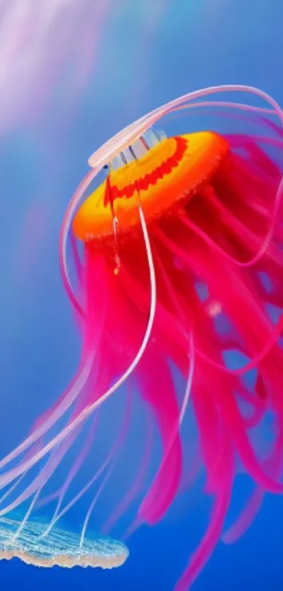 Vibrant jellyfish floats gracefully with colorful tentacles in deep blue ocean.