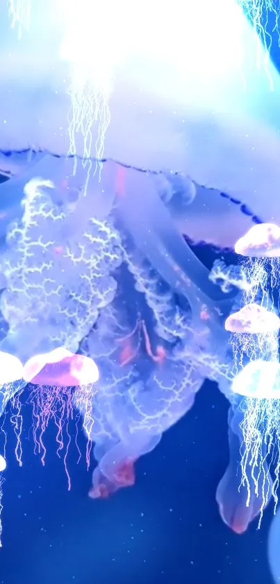 Blue jellyfish floating underwater, glowing in the ocean depths.