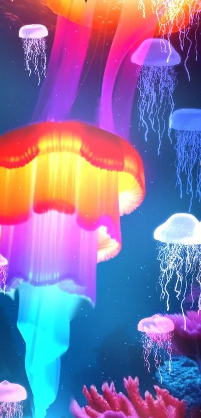 Vibrant neon jellyfish glowing underwater, surrounded by colorful marine life.