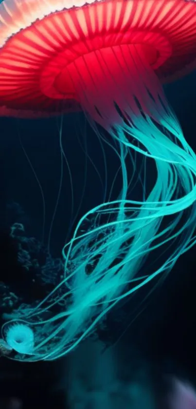 Colorful jellyfish glowing in the ocean with neon teal and red hues.