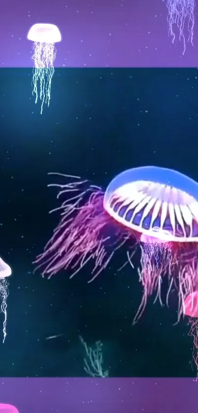 Vibrant jellyfish float gracefully in a dark ocean background.