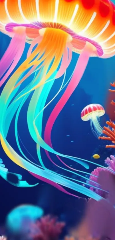 Vibrant jellyfish with colorful tendrils swimming in a blue ocean backdrop.