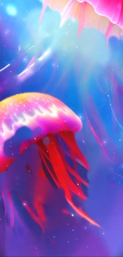 Vibrant jellyfish wallpaper with neon colors under the ocean.