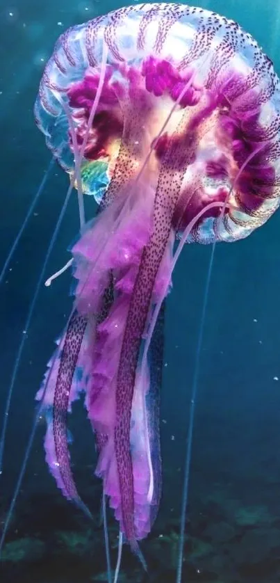 Vibrant purple jellyfish in deep ocean depths.