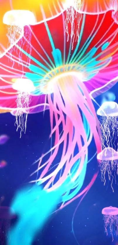 Vibrant wallpaper showcasing neon jellyfish in a colorful underwater scene.