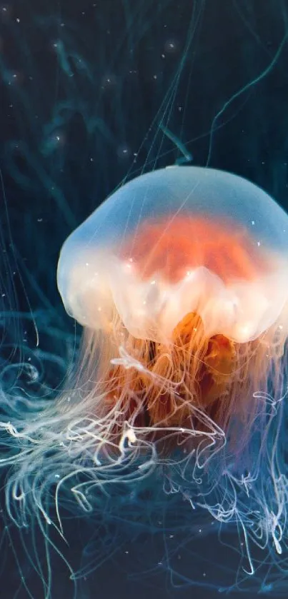 Jellyfish in dark ocean with vibrant colors.