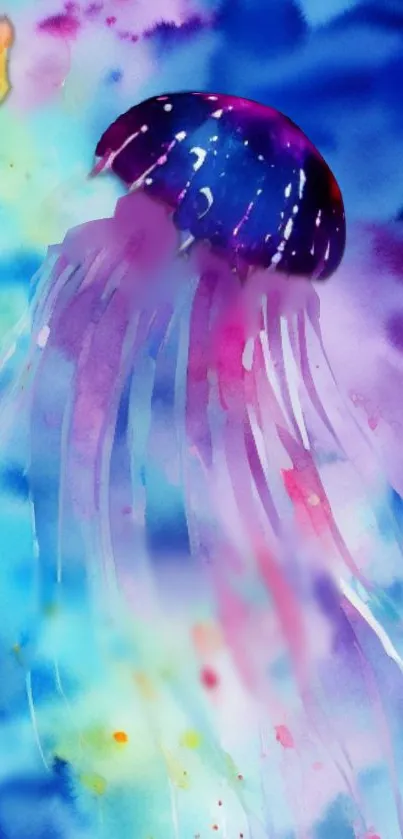 Watercolor jellyfish with vibrant blue and purple hues in oceanic theme.