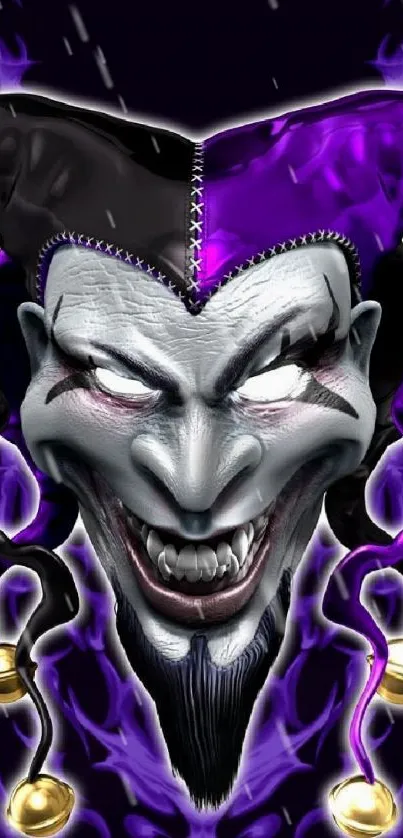 Gothic jester art with vibrant purple and black colors.