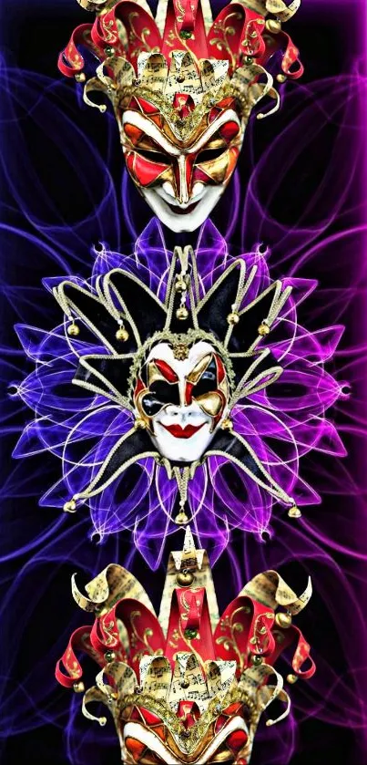 Vibrant jester masks with intricate colorful design as mobile wallpaper.