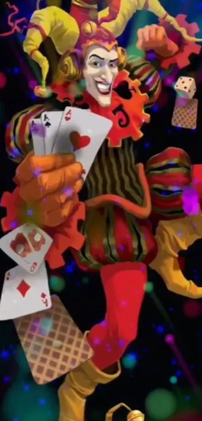 Colorful jester with playing cards wallpaper.