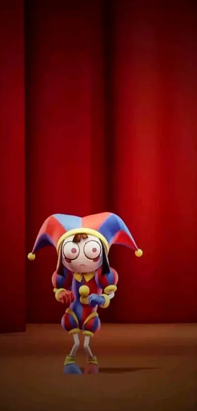 Colorful jester character on stage with red curtains.