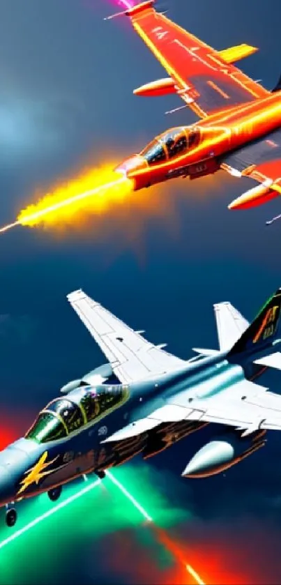 Two jets in a vibrant sky battle with neon light trails.