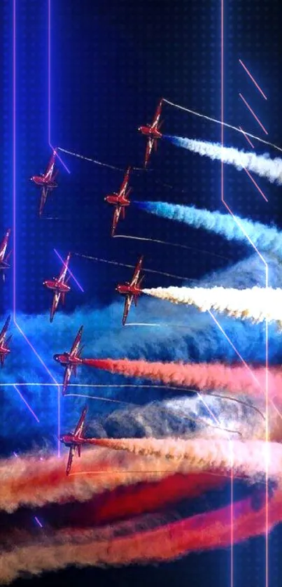 Aerobatic jets leaving colorful smoke trails in the sky.