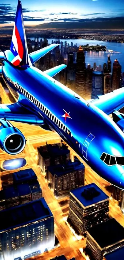 Blue airplane flies over city at night with vibrant lights.