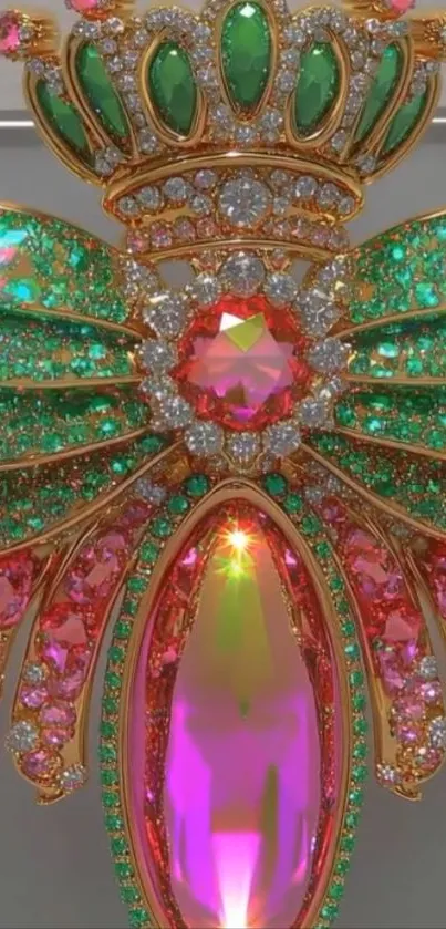Jewel butterfly wallpaper with pink and green gemstones.