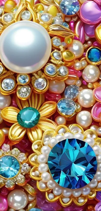 Colorful floral mobile wallpaper with jewels and pearls.