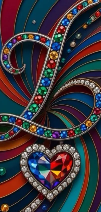 Colorful jewel heart design with swirls.
