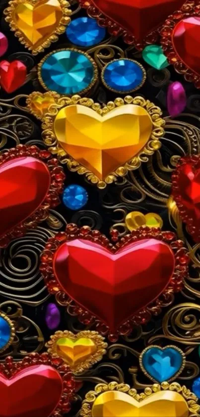 Intricate jewel-toned heart pattern wallpaper with golden swirls.