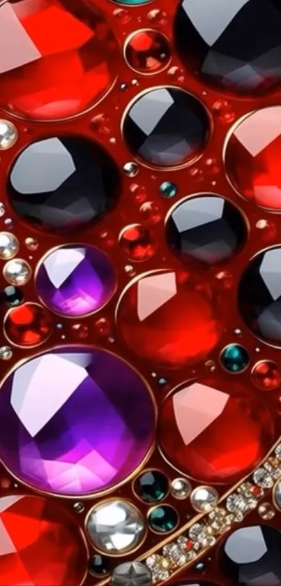 Colorful jewel pattern wallpaper with red, purple, and black gems.