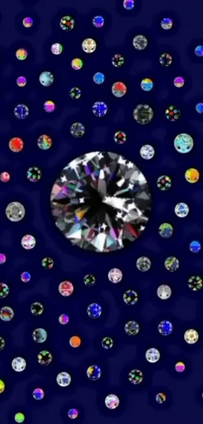 Colorful jewel pattern on dark blue background with sparkling gemstones.