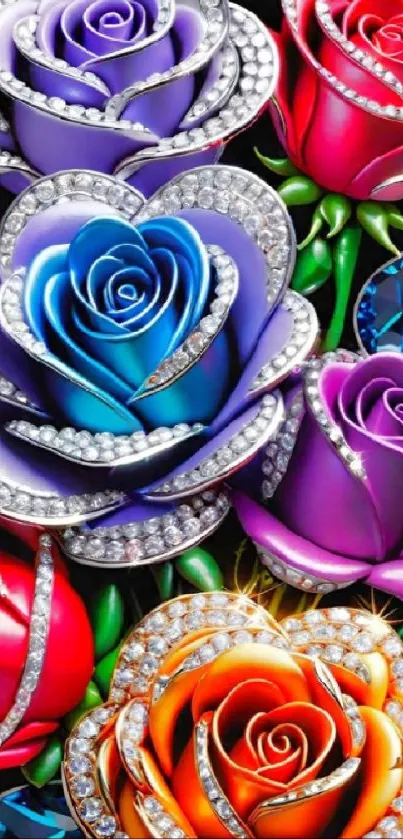 Vibrant jewel-encrusted roses in vivid colors on wallpaper.