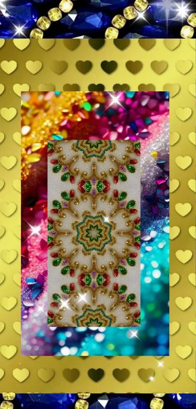 Bright jewel-themed wallpaper with gold heart frame and colorful gems.