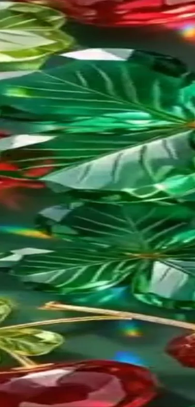 Vibrant jewel-toned leaf pattern wallpaper.