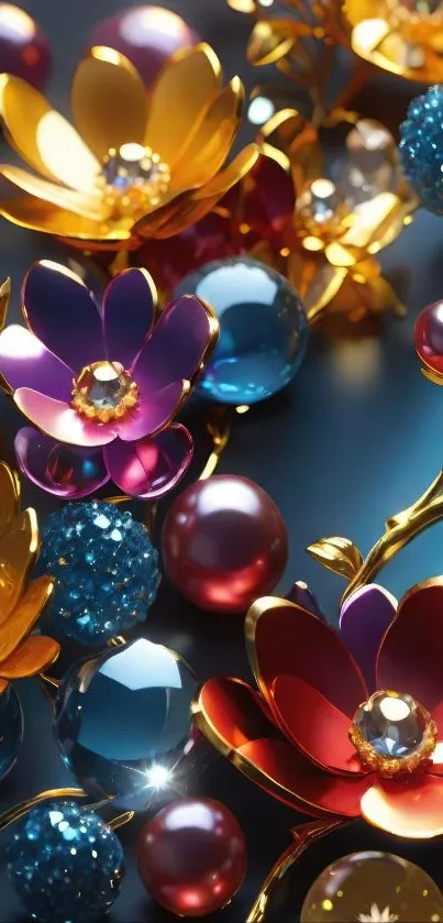 Vibrant jewel-toned flowers with metallic accents on a dark background.