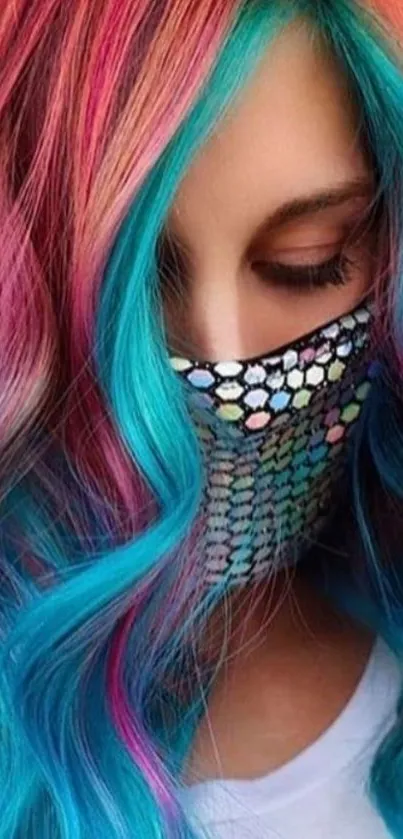 Vibrant hair with jeweled mask mobile wallpaper.