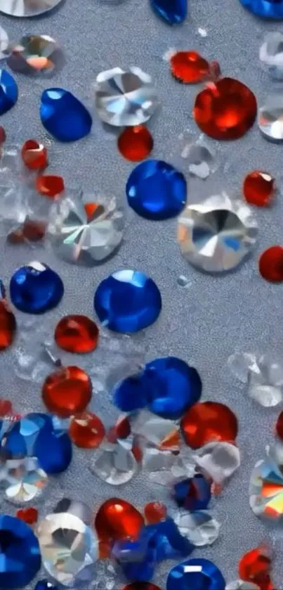 Vibrant jewels in blue, red, and silver on a textured background.