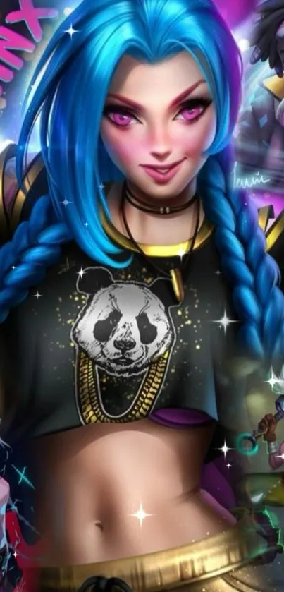 Jinx anime wallpaper with neon colors and electric blue highlights.