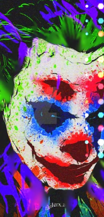 Abstract colorful Joker mobile wallpaper with bold green, red, and blue hues.