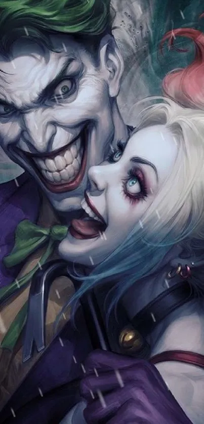 Dynamic artwork of Joker and Harley Quinn in vibrant colors.