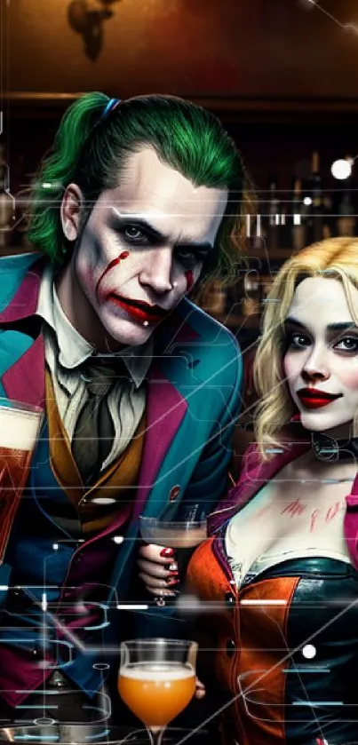 Vibrant Joker and Harley Quinn in a bar setting, colorful and dramatic.