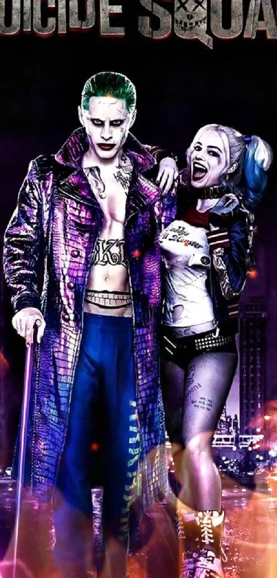 Vibrant Joker and Harley Quinn in a neon-lit city scene.