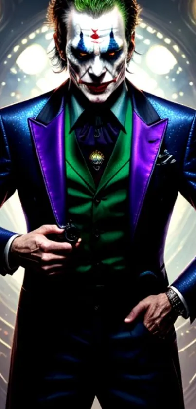 Colorful Joker character in vibrant suit with bold makeup and detailed design.