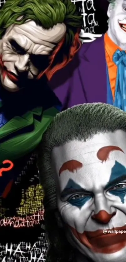 Colorful Joker art with iconic clown faces.